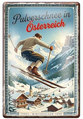 Plechová cedule Pulverschnee in Österreich