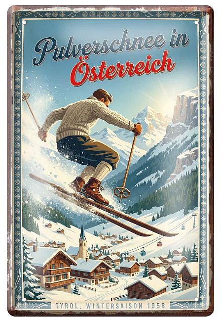 Plechová cedule Pulverschnee in Österreich